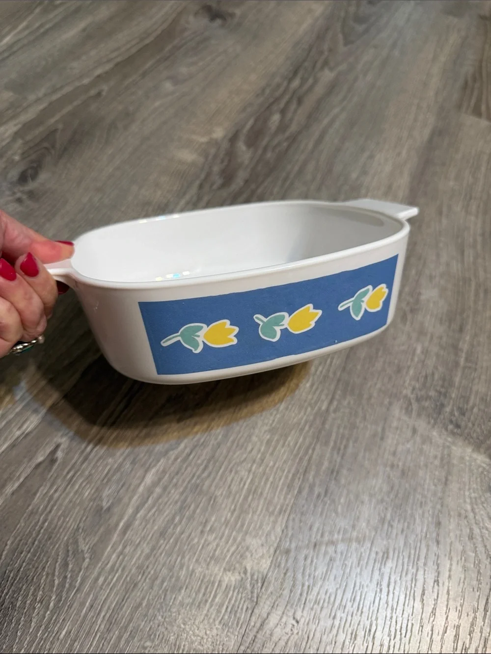 Corningware Primavera Baking Dish with Blue  Border & Yellow Tulip Accents Vtg